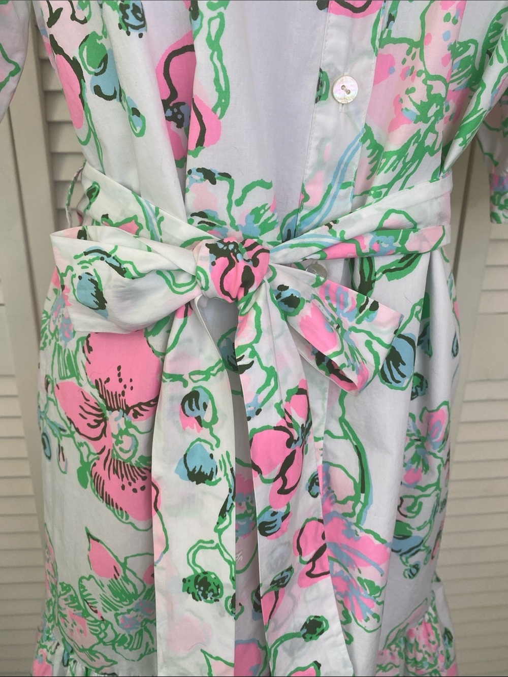 Lilly Pulitzer White Floral Button-Front Midi Dress with Pink & Green Print - Picture 3 of 9